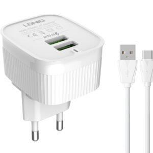 LDNIO φορτιστής τοίχου A201 με καλώδιο USB-C, 2x USB, 12W, λευκός
